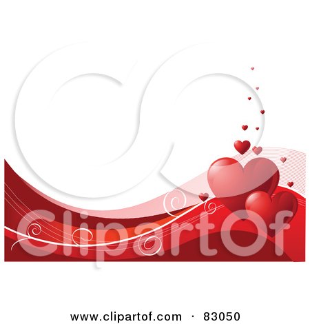 Royalty-Free (RF) Clipart Illustration of a White Background With A Bottom Border Of Red And Pink Waves, Swirls And Red Hearts by Pushkin