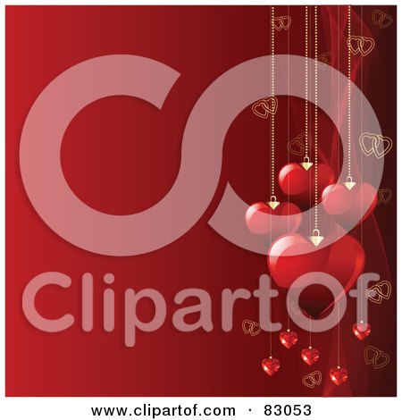 Royalty-Free (RF) Clipart Illustration of a Red Square Valentines Day Background Of Heart Pendants And Mesh Waves by Pushkin