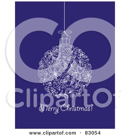 Royalty-Free (RF) Clipart Illustration of a Floral And Bird Bauble Suspended Over Merry Christmas Text On Blue by Pushkin