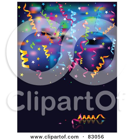 Royalty-Free (RF) Clipart Illustration of a Background Of Colorful Blurred Lights, Ribbons And Star Confetti by Pushkin