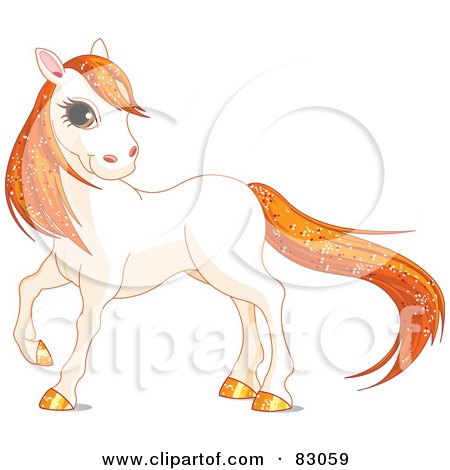 Royalty-Free (RF) Clipart Illustration of a Cute White Horse With Golden Hooves And Orange Sparkly Hair by Pushkin