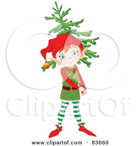 Royalty-Free (RF) Clipart Illustration of a Thoughtful Christmas Elf Smiling And Carrying A Christmas Tree by Pushkin