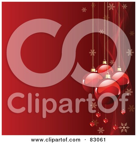 Royalty-Free (RF) Clipart Illustration of a Red Christmas Background With A Right Border Of Shiny Glass Baubles, Snowflakes And Mesh Waves by Pushkin