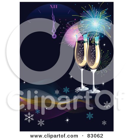 Royalty-Free (RF) Clipart Illustration of Two Champagne Glasses Under Fireworks On A Dark Background With Waves, Snowflakes And A New Year Clock by Pushkin