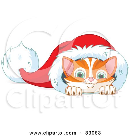 Royalty-Free (RF) Clipart Illustration of a Cute Ginger Kitten Peeking Out Of A Santa Hat by Pushkin