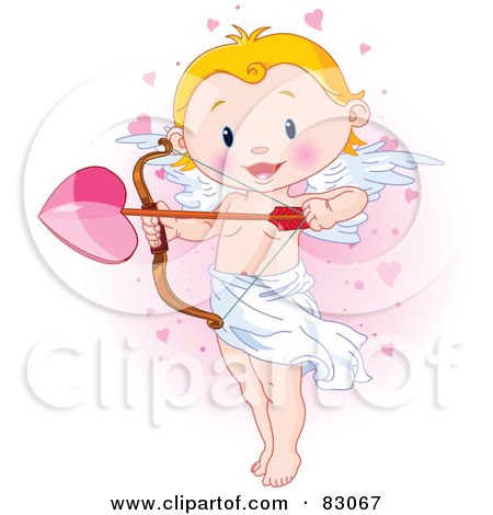 Royalty-Free (RF) Clipart Illustration of a Cute Blond Cupid Standing And Holding A Giant Heart Arrow, In A Pink Heart Cloud by Pushkin