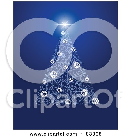Royalty-Free (RF) Clipart Illustration of a Blue And White Christmas Tree Of Floral Designs And Circles, With A Bright Star Over Blue by Pushkin