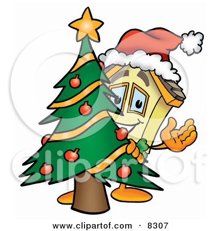 Clipart Picture of a House Mascot Cartoon Character Waving and Standing by a Decorated Christmas Tree by Mascot Junction