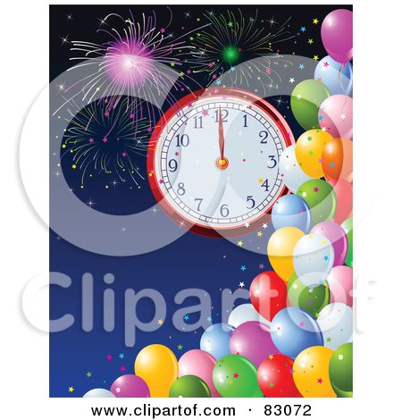 Royalty-Free (RF) Clipart Illustration of a New Year Clock At Midnight, Over A Blue Sky With Fireworks And Colorful Party Balloons by Pushkin