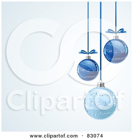 Royalty-Free (RF) Clipart Illustration of Three Blue Glitter Christmas Baubles Suspended Over A Gradient Blue And White Background by Pushkin