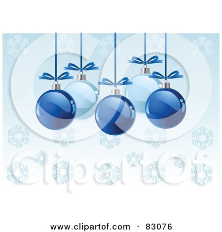 Royalty-Free (RF) Clipart Illustration of Shiny Light And Dark Blue Christmas Baubles With Bows, Suspended Over A Blue Snowflake Background by Pushkin
