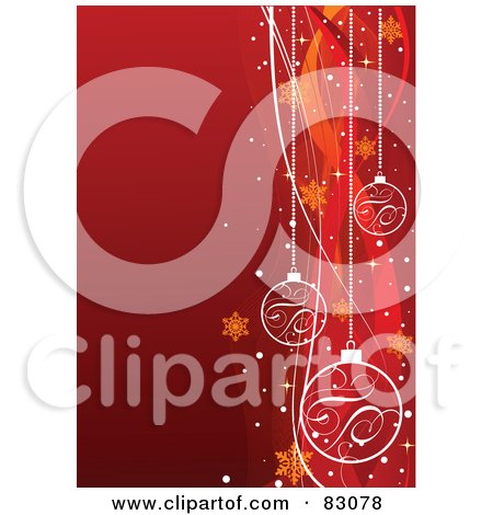 Royalty-Free (RF) Clipart Illustration of a Red Christmas Background With A Right Border Of Baubles, Snowflakes, Snow And Waves by Pushkin