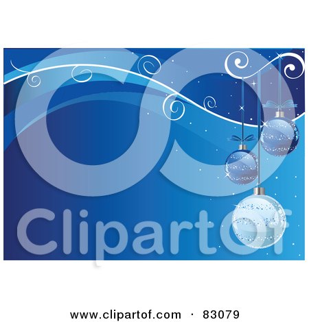 Royalty-Free (RF) Clipart Illustration of Three Blue Glittery Christmas Ornaments Suspended Over A Blue Background With Sparkles, Vines And Waves by Pushkin