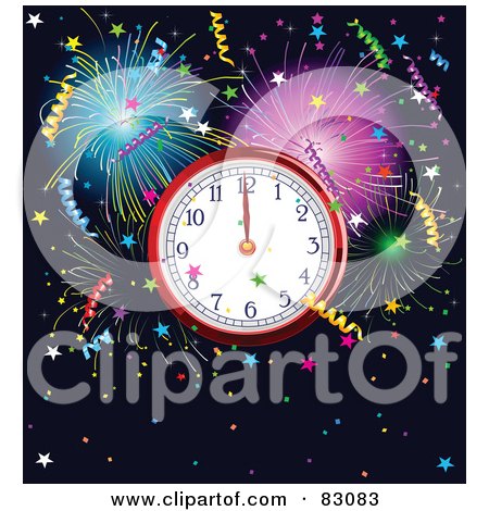 Royalty-Free (RF) Clipart Illustration of a New Year Clock At Midnight, Surrounded By Colorful Fireworks And Confetti Over Navy Blue by Pushkin