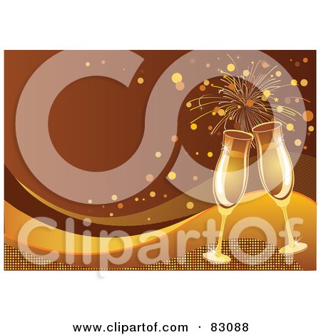 Royalty-Free (RF) Clipart Illustration of a Toasting Golden Champagne Flutes Over A Gold And Brown Swoosh Background With Fireworks by Pushkin