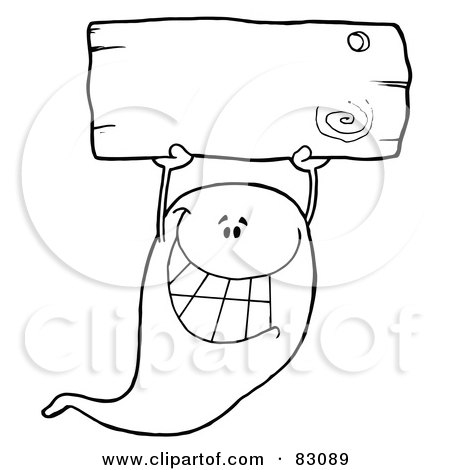 Royalty-Free (RF) Clipart Illustration of an Outlined Ghost With Blank Sign by Hit Toon