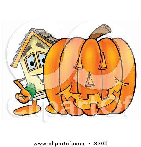 Clipart Picture of a House Mascot Cartoon Character With a Carved Halloween Pumpkin by Toons4Biz