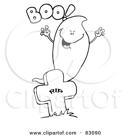 Royalty-Free (RF) Clipart Illustration of an Outlined Booing Ghost at Grave by Hit Toon