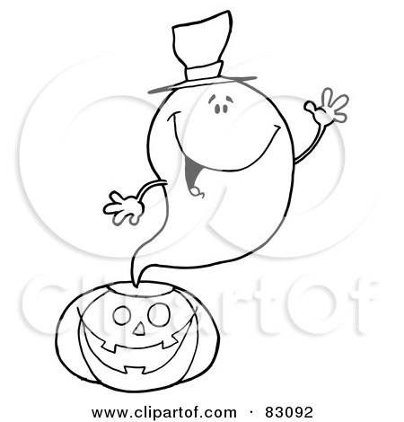 Royalty-Free (RF) Clipart Illustration of an Outlined Ghost Over Pumpkin by Hit Toon