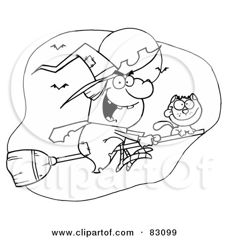 Royalty-Free (RF) Clipart Illustration of an Outlined Flying Cat and Witch by Hit Toon