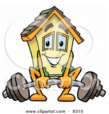 Clipart Picture of a House Mascot Cartoon Character Lifting a Heavy Barbell by Mascot Junction
