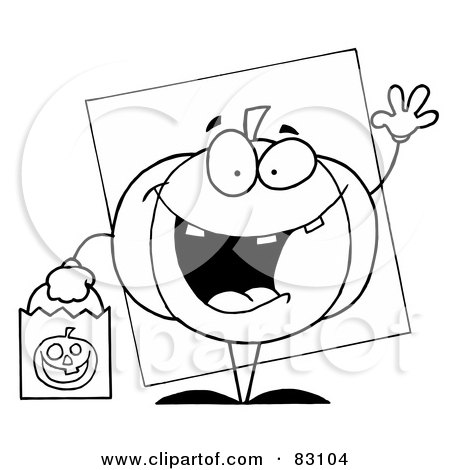 Royalty-Free (RF) Clipart Illustration of an Outlined Waving Halloween Pumpkin by Hit Toon
