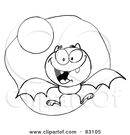 Royalty-Free (RF) Clip Art Illustration of an Outlined Flying Bat and Moon by Hit Toon