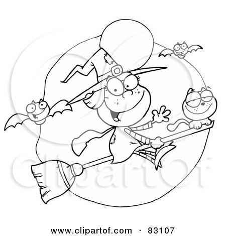 Royalty-Free (RF) Clipart Illustration of an Outlined Friendly Flying Witch by Hit Toon