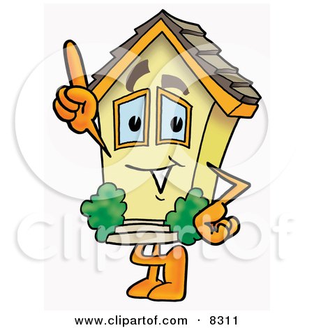 Clipart Picture of a House Mascot Cartoon Character Pointing Upwards by Toons4Biz