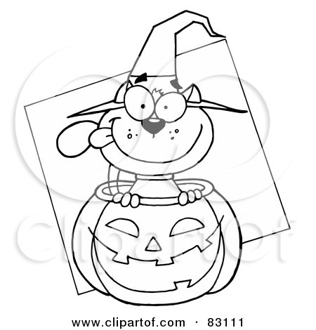 Royalty-Free (RF) Clipart Illustration of an Outlined Cat in Pumpkin by Hit Toon
