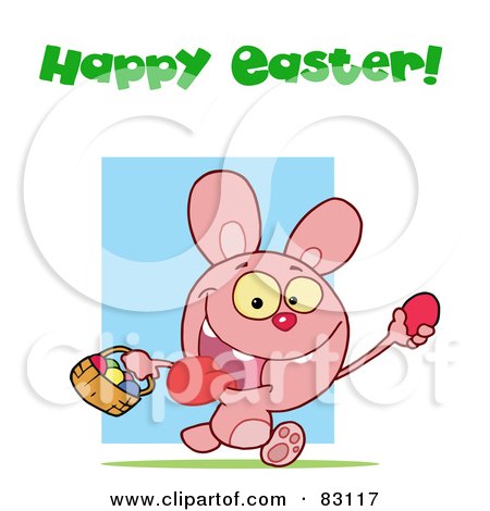 Royalty-Free (RF) Clipart Illustration of a Happy Easter Greeting Above A Pink Rabbit Running With Eggs by Hit Toon