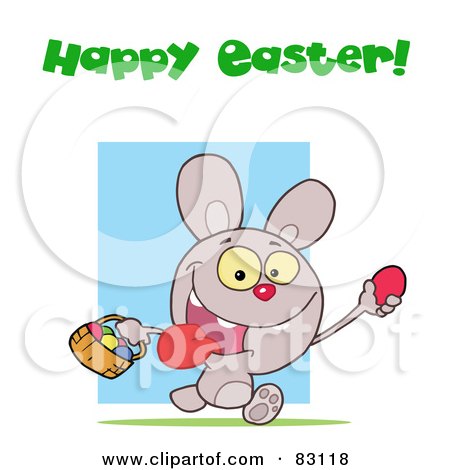Royalty-Free (RF) Clipart Illustration of a Happy Easter Greeting Above A Rabbit Running With Eggs by Hit Toon