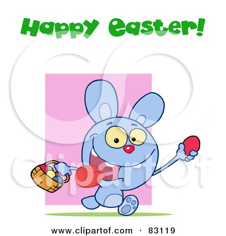 Royalty-Free (RF) Clipart Illustration of a Happy Easter Greeting Above A Blue Rabbit Running With Eggs by Hit Toon
