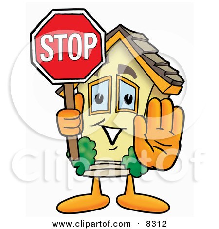Clipart Picture of a House Mascot Cartoon Character Holding a Stop Sign by Mascot Junction