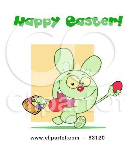 Royalty-Free (RF) Clipart Illustration of a Happy Easter Greeting Above A Green Rabbit Running With Eggs by Hit Toon