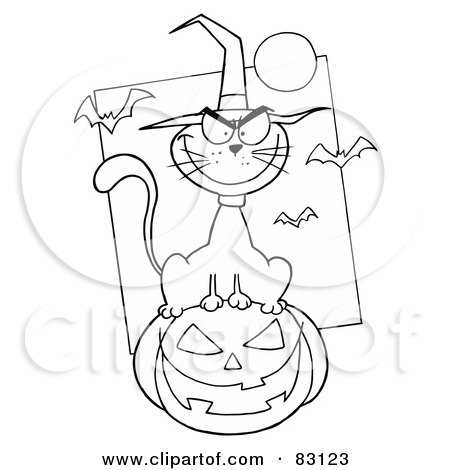 Royalty-Free (RF) Clipart Illustration of an Outlined Cat on Pumpkin by Hit Toon
