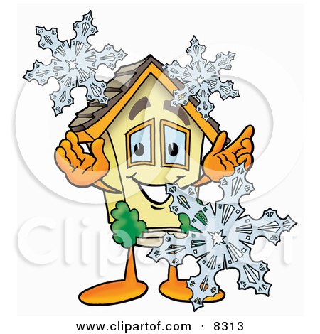Clipart Picture of a House Mascot Cartoon Character With Three Snowflakes in Winter by Mascot Junction