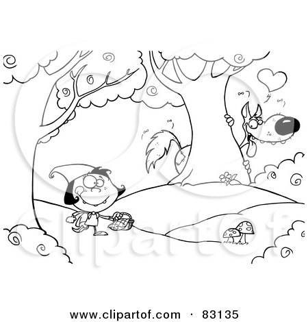 Royalty-Free (RF) Clipart Illustration of an Outlined Wolf Stalking Little Red Riding Hood by Hit Toon