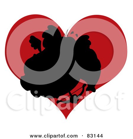 Royalty-Free (RF) Clipart Illustration of a Black Silhouette Of An Elephant Cupid In Front Of A Red Heart by Hit Toon