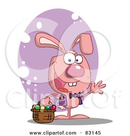 Royalty-Free (RF) Clipart Illustration of a Waving Pink Rabbit With Easter Eggs And Basket by Hit Toon