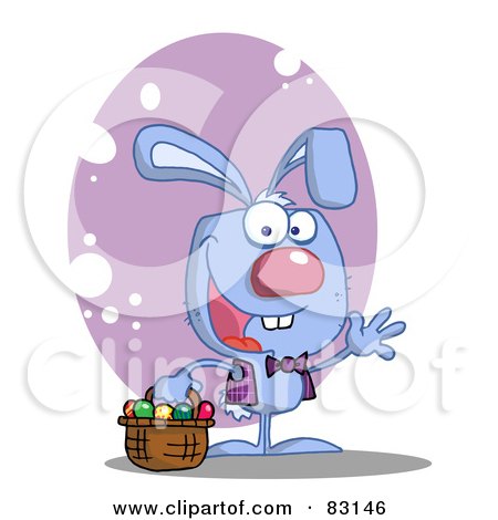 Royalty-Free (RF) Clipart Illustration of a Waving Blue Rabbit With Easter Eggs And Basket by Hit Toon