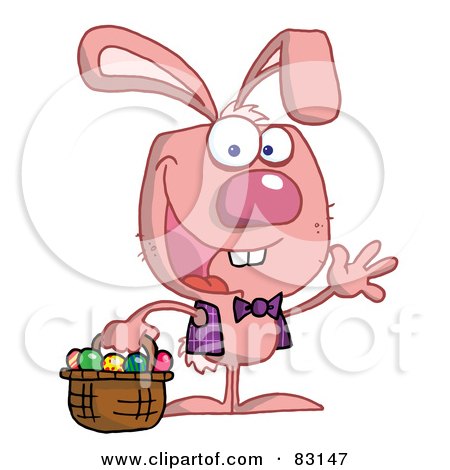 Royalty-Free (RF) Clipart Illustration of a Waving Pink Bunny With Easter Eggs And Basket by Hit Toon