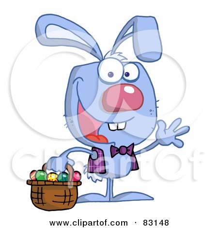 Royalty-Free (RF) Clipart Illustration of a Waving Blue Bunny With Easter Eggs And Basket by Hit Toon