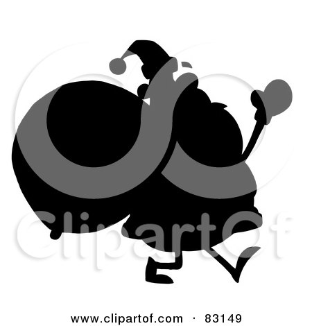 Royalty-Free (RF) Clipart Illustration of a Solid Black Silhouette Of Santa Carrying A Sack by Hit Toon
