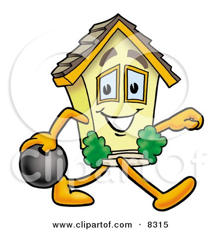 Clipart Picture of a House Mascot Cartoon Character Holding a Bowling Ball by Mascot Junction