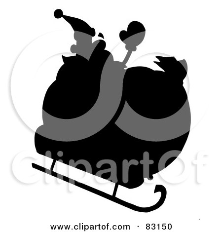 Royalty-Free (RF) Clipart Illustration of a Solid Black Silhouette Of Santa In His Sleigh by Hit Toon
