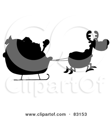 Royalty-Free (RF) Clipart Illustration of a Solid Black Silhouette Of A Reindeer Pulling Santas Sleigh by Hit Toon