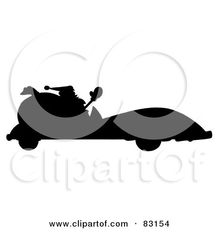 Royalty-Free (RF) Clipart Illustration of a Solid Black Silhouette Of Santa Driving A Convertible by Hit Toon