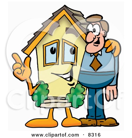 Clipart Picture of a House Mascot Cartoon Character Talking to a Business Man by Mascot Junction