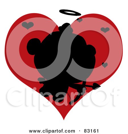 Royalty-Free (RF) Clipart Illustration of a Black Silhouette Of Cupid In Front Of A Red Heart by Hit Toon